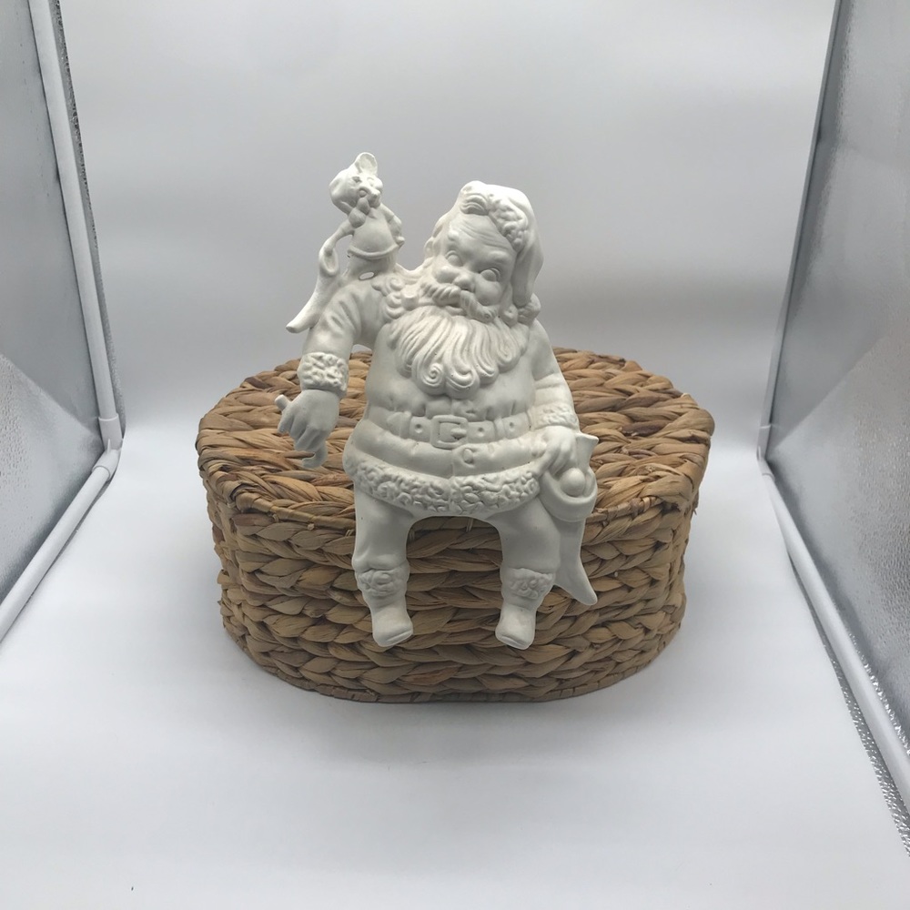 Vintage paintable ceramic sitting shelf Santa. Unfinished bisque